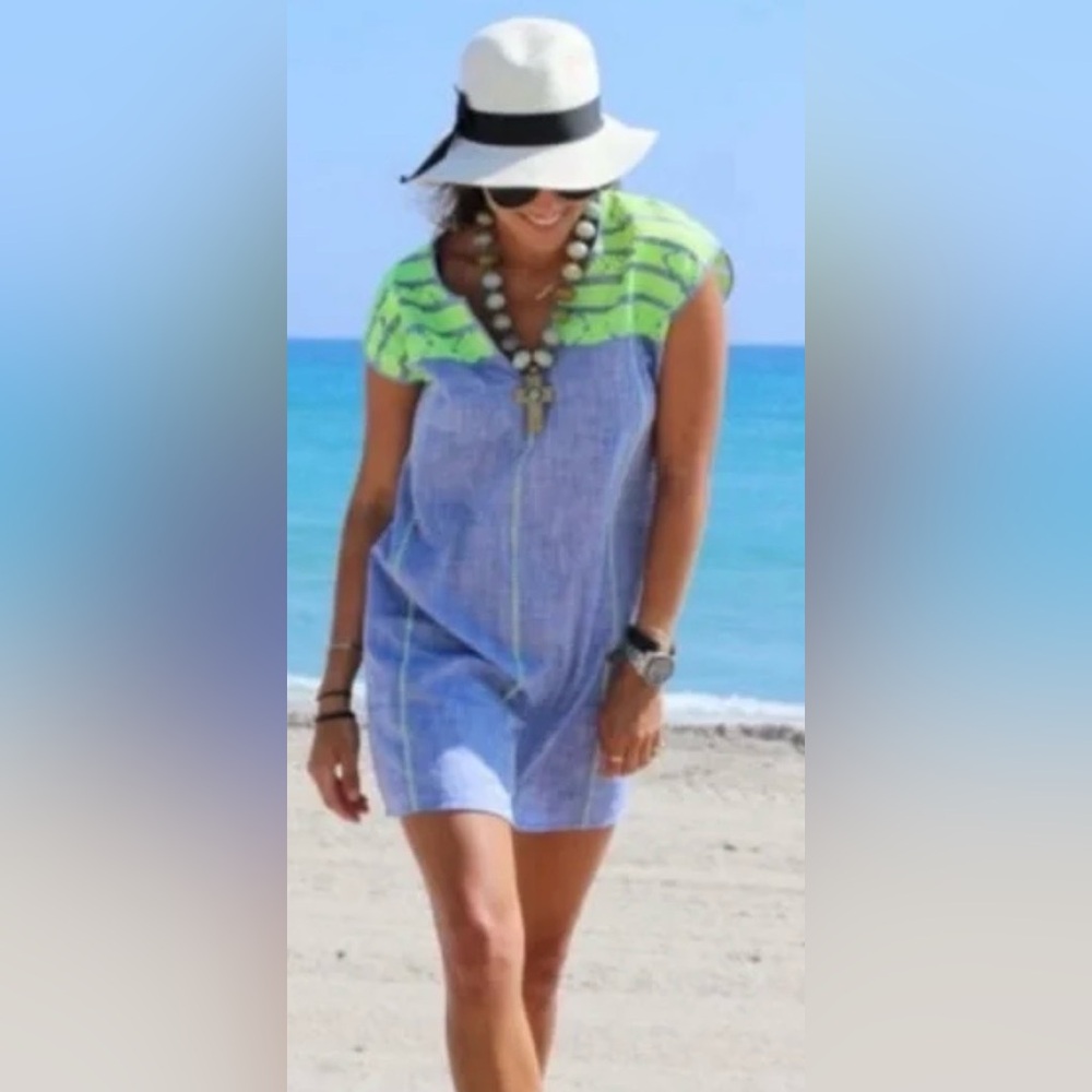J Crew Oversized Blue and Lime Women’s Swim Cover-Up Dress Linen Blend Small